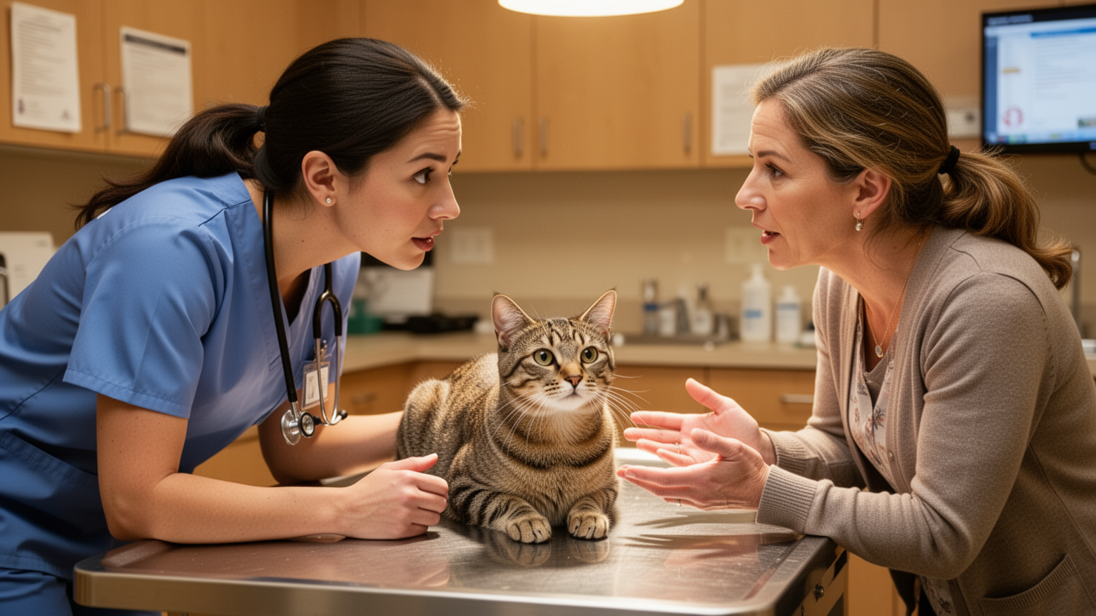 Veterinarian and pet owner in conversation during a calm examination, both engaged and attentive