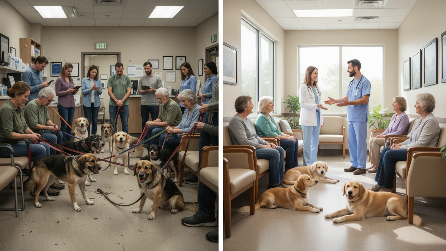 Side-by-side comparison of two veterinary waiting rooms—one tense and busy, one calm and welcoming