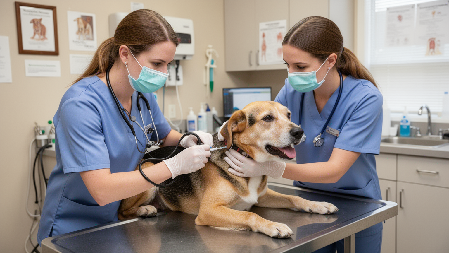 Veterinarian performing a routine wellness exam and vaccination on a dog in a private clinic.