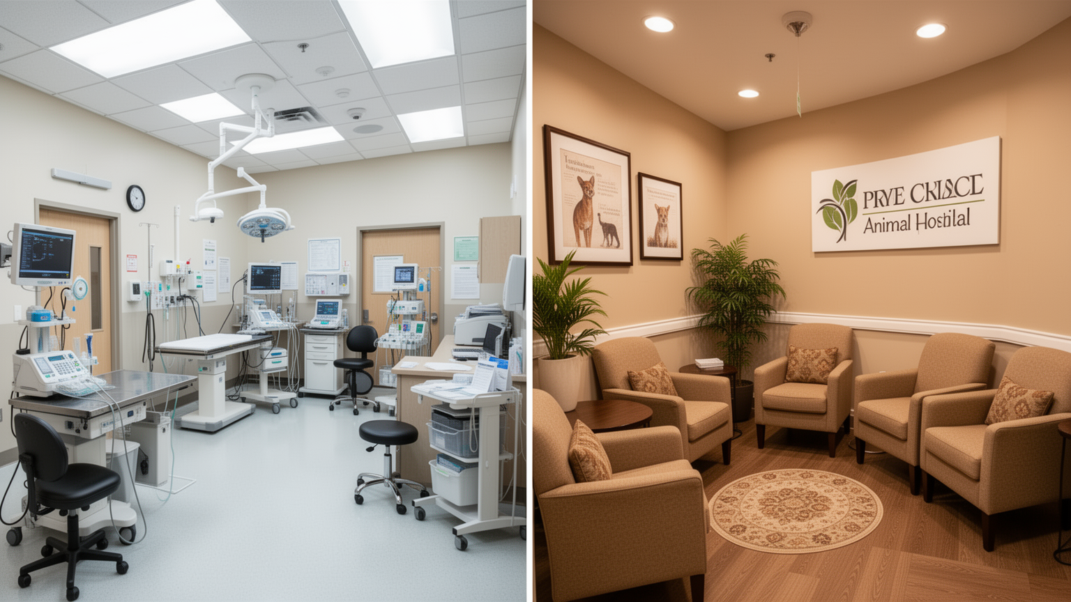 Left: Animal hospital facility with clinical equipment and bright lighting. Right: Private clinic waiting area with warm, comfortable atmosphere.