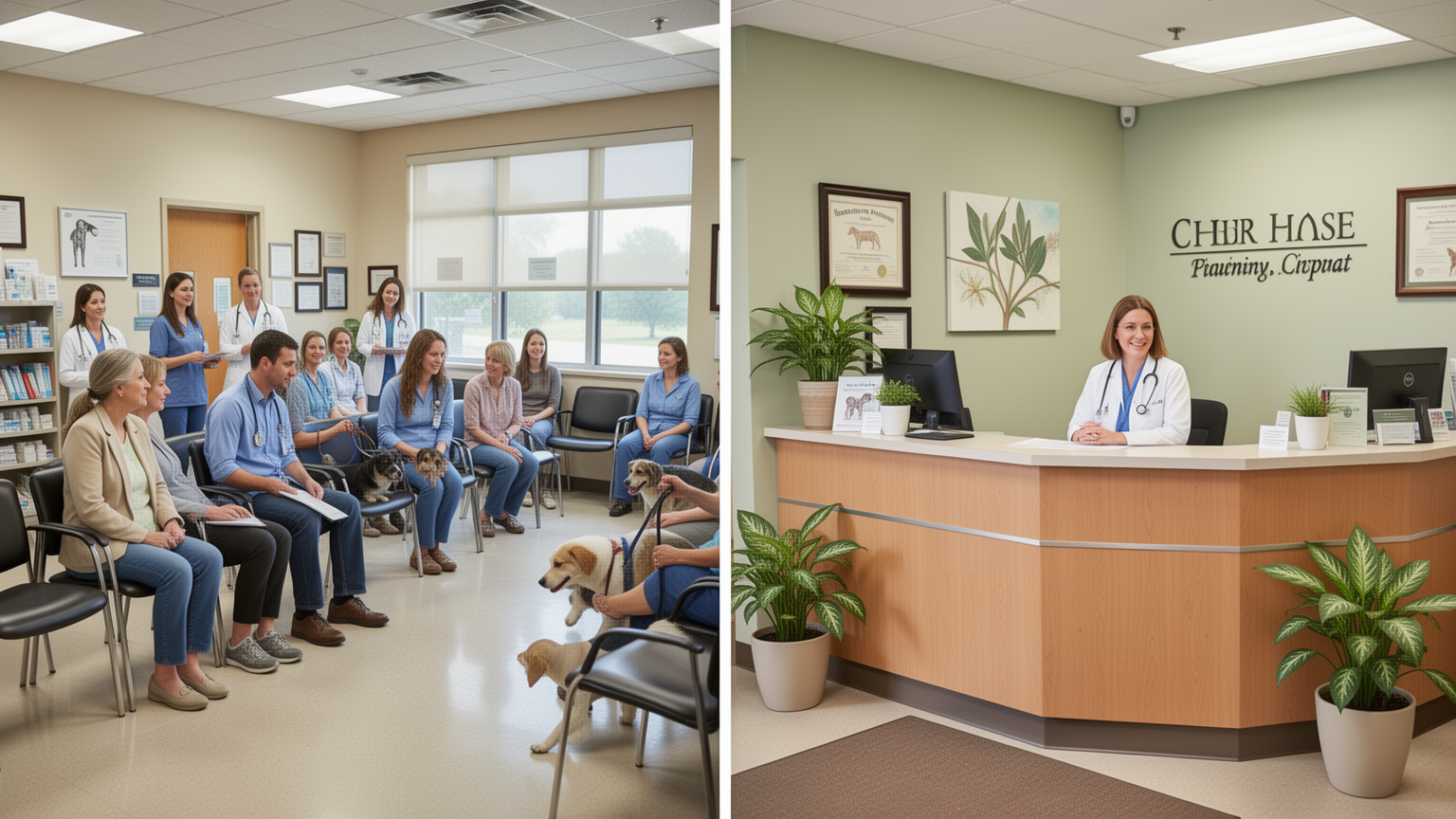 Two veterinary settings: busy hospital waiting room compared to peaceful private clinic reception
