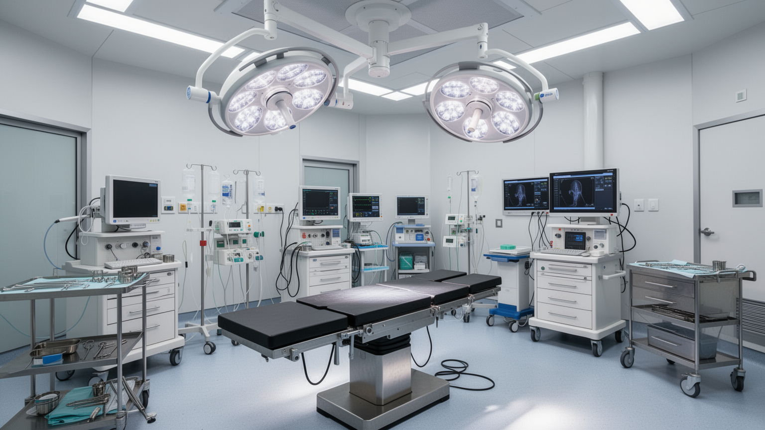 Modern veterinary operating room with surgical lighting and medical equipment