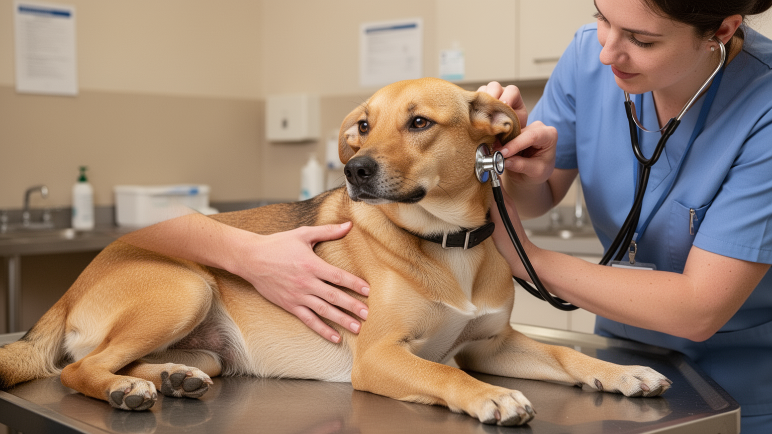 Dog receiving a gentle veterinary physical examination from a veterinarian