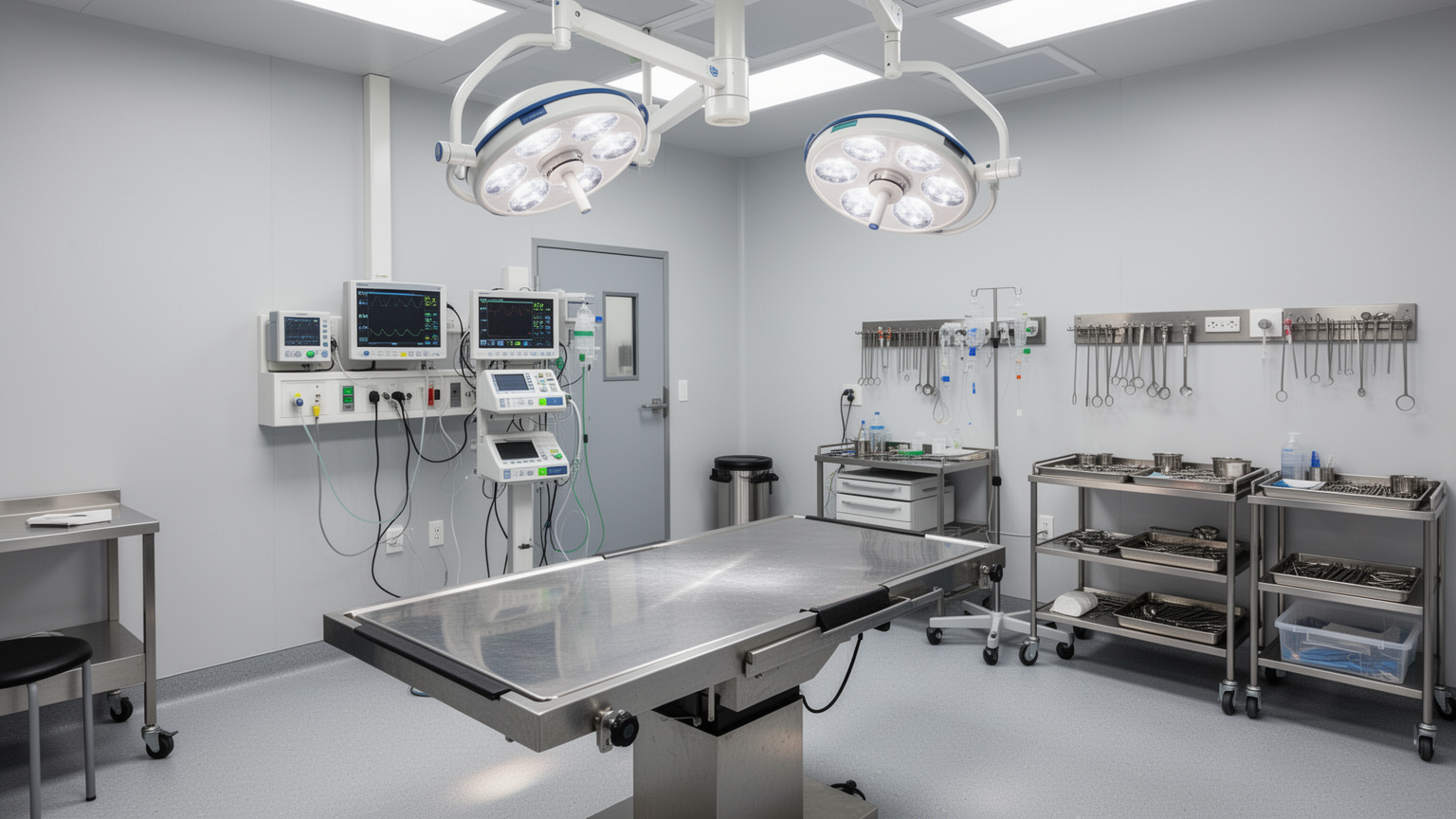 A clean, well-lit veterinary surgical suite with stainless steel examination table, overhead surgical lights, and modern monitoring equipment on the walls