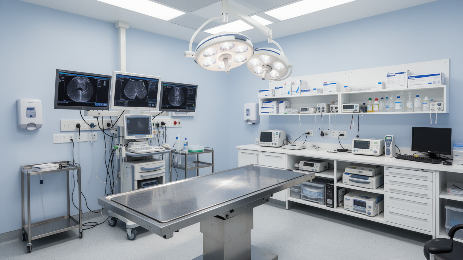 Interior of a modern veterinary examination room with professional equipment