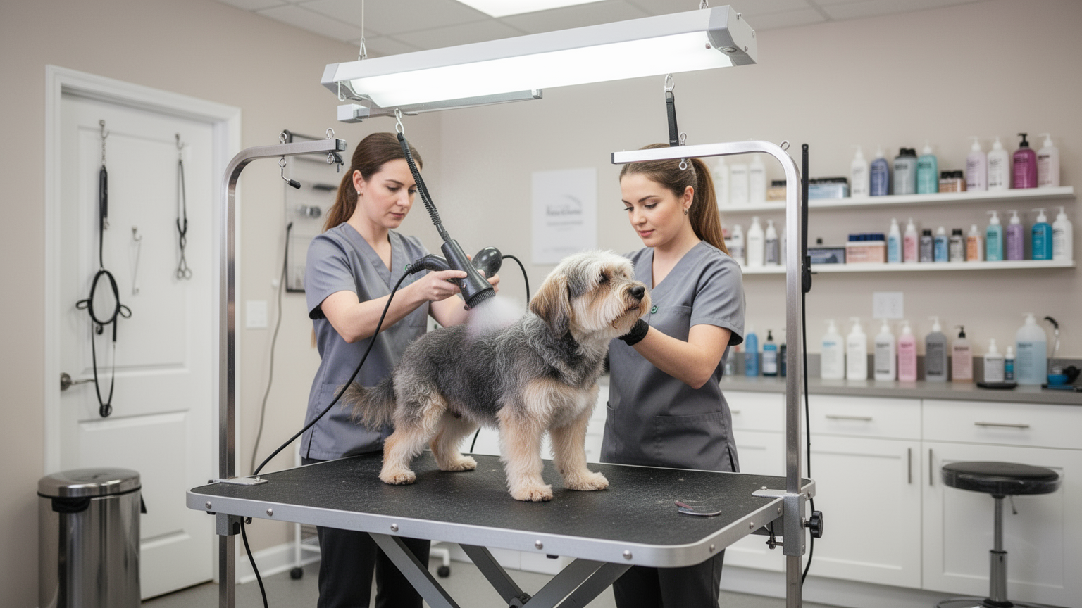A groomer working at a professional grooming station with a dog on the table, bright salon environment with clean surfaces and organized supplies.