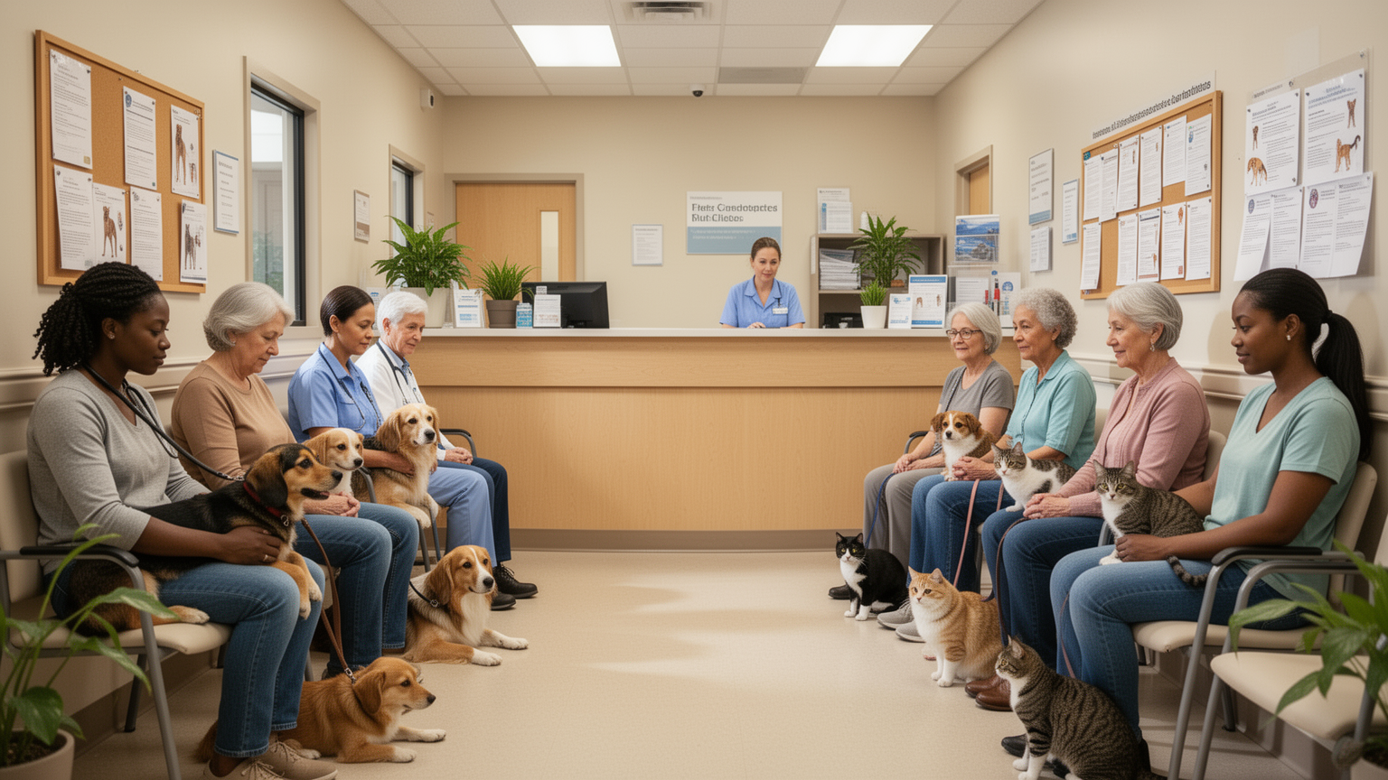 Diverse pet owners in a clean, organized veterinary clinic reception area with their animals