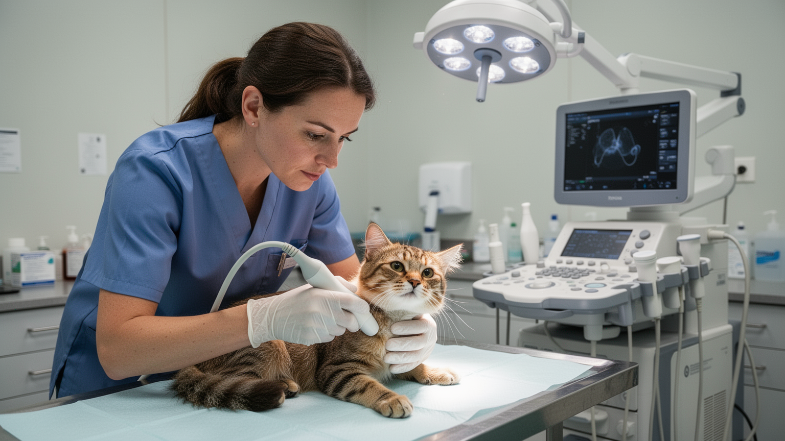 Veterinarian performing a hands-on diagnostic examination with modern medical equipment on a patient animal.