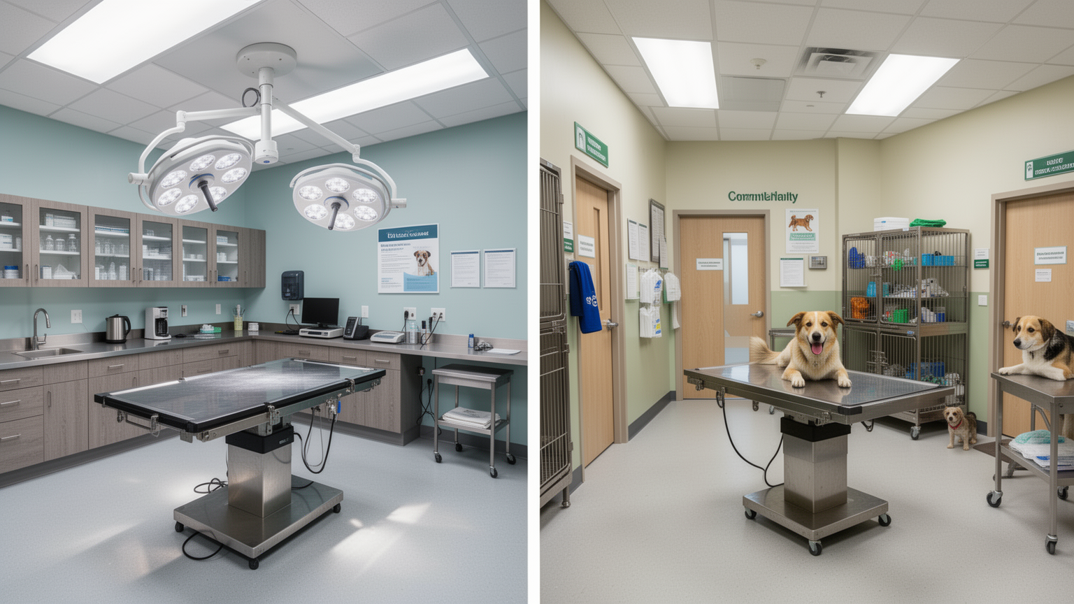Comparison of modern veterinary clinic versus community clinic interiors