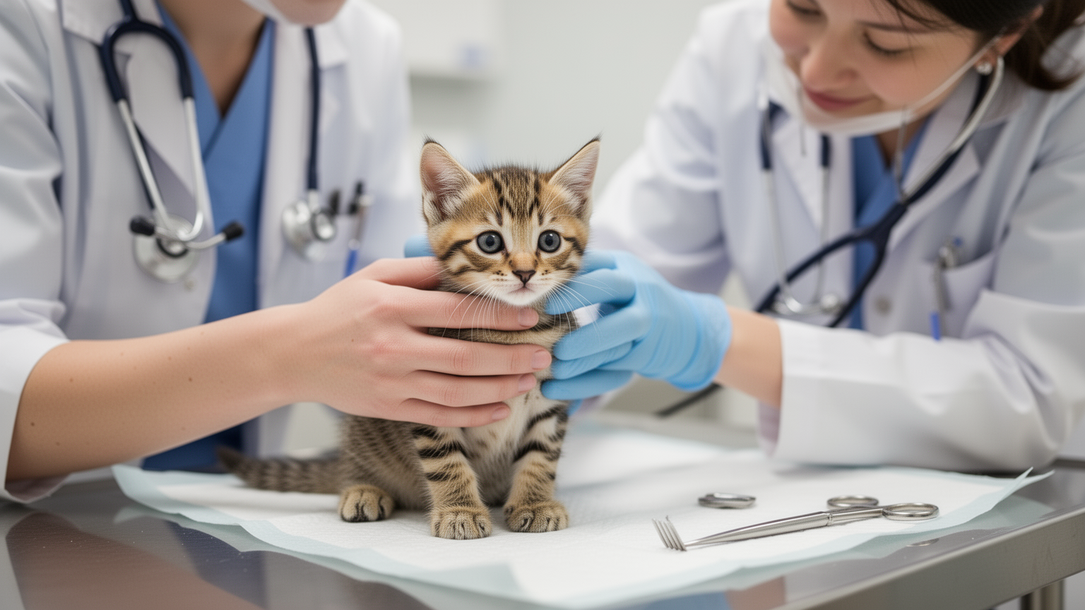 A kitten being gently examined by a veterinarian during an early wellness visit