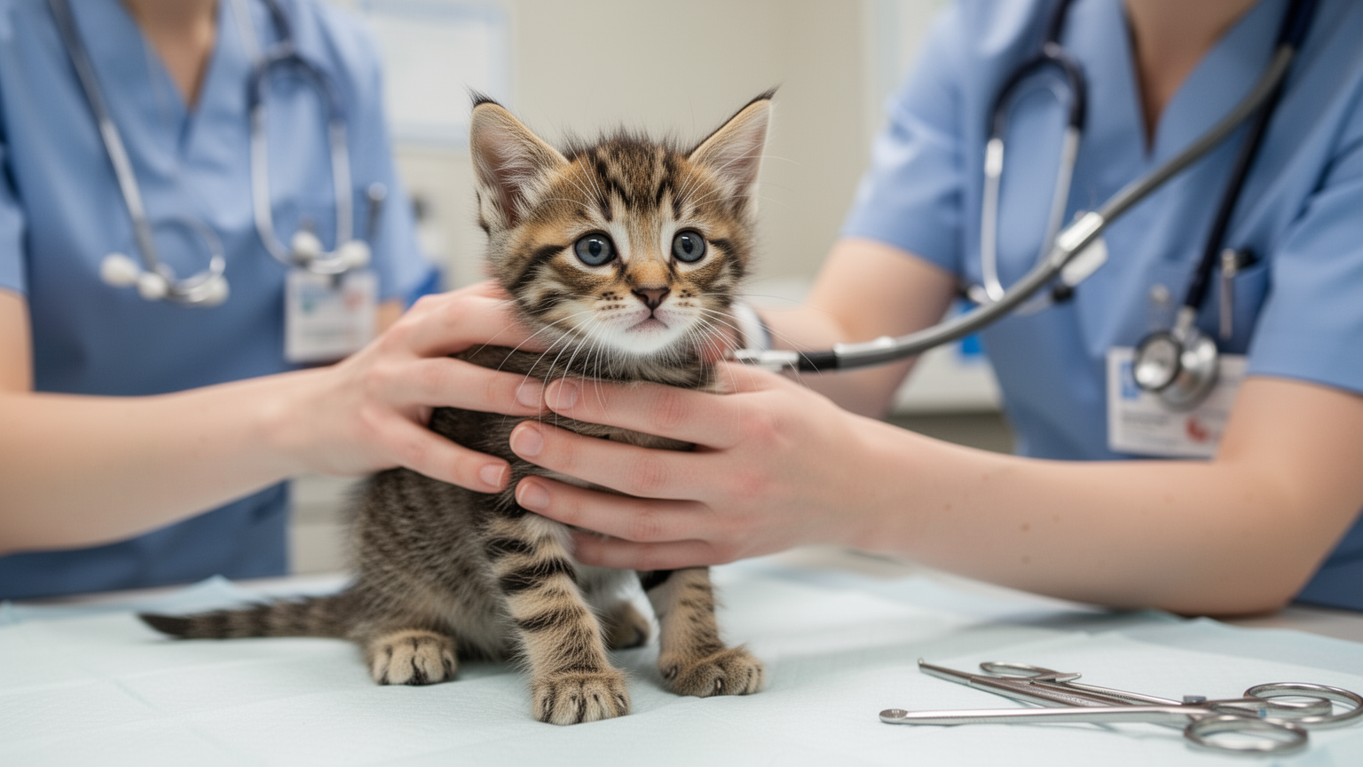 A young kitten being held gently by a veterinarian during a wellness examination