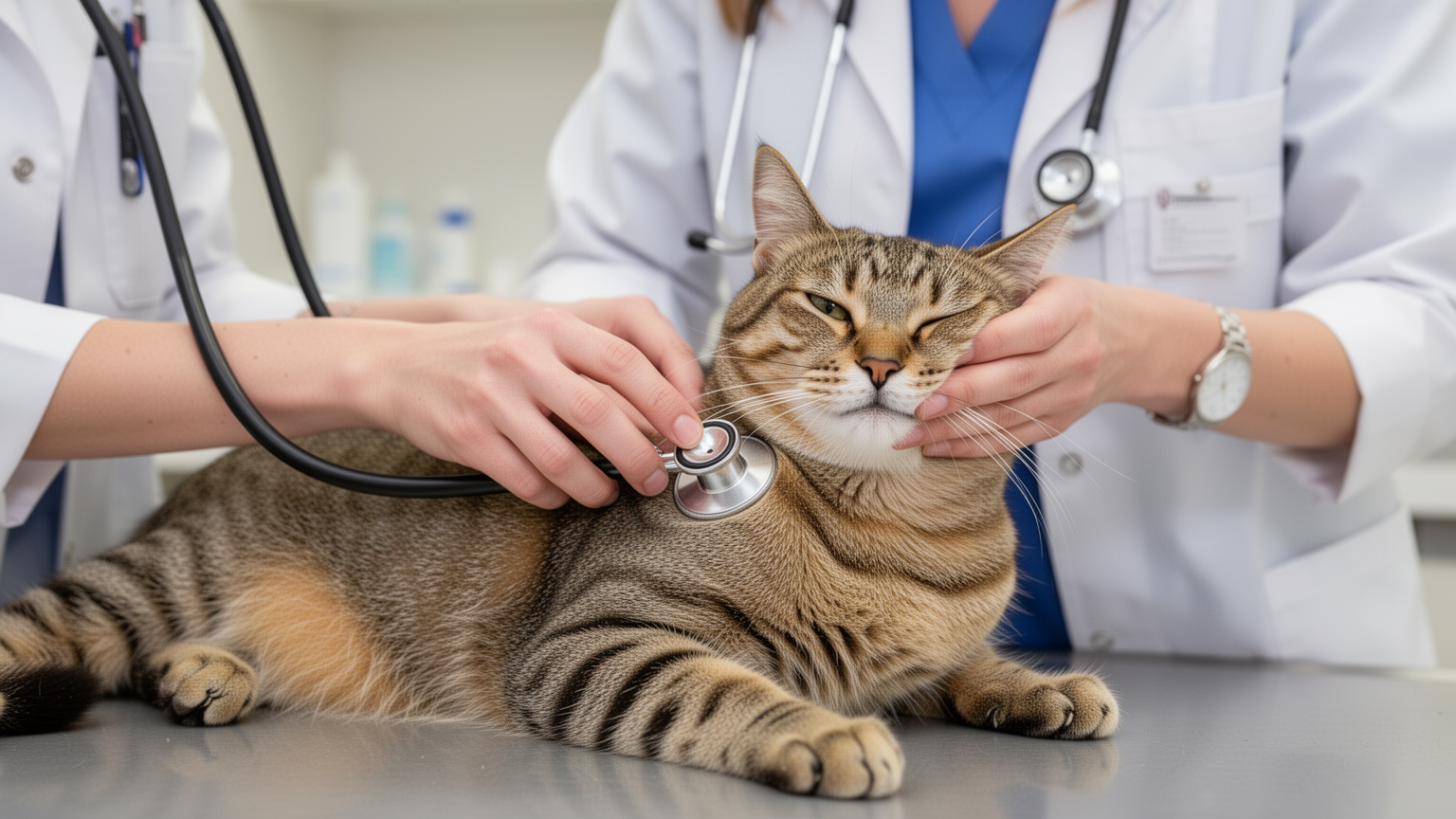 A veterinarian performing a chest examination on a calm cat using a stethoscope