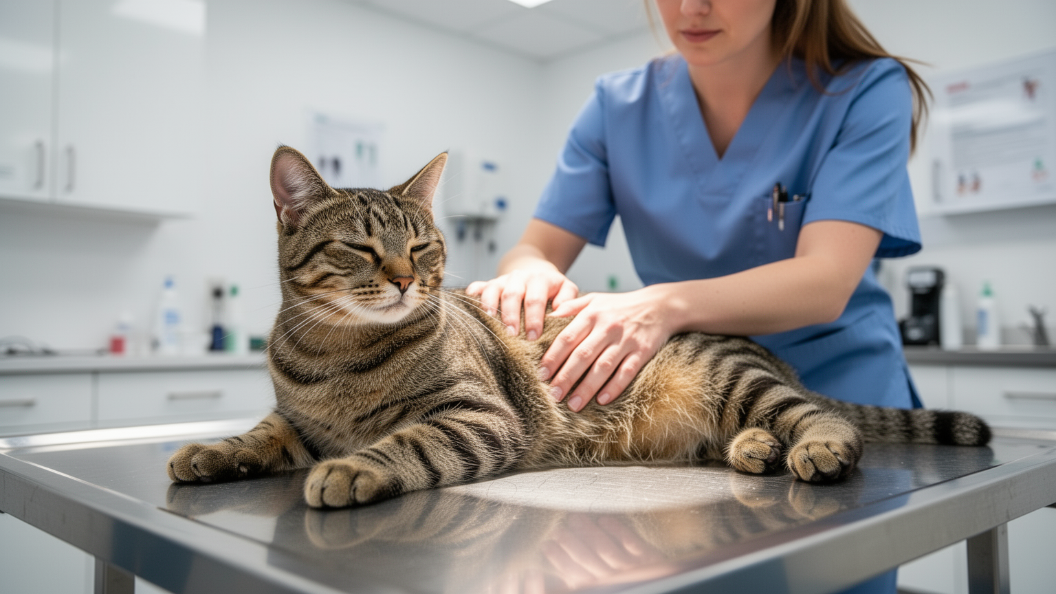 A veterinarian using a stethoscope to examine a cat's heart and lungs during a wellness checkup