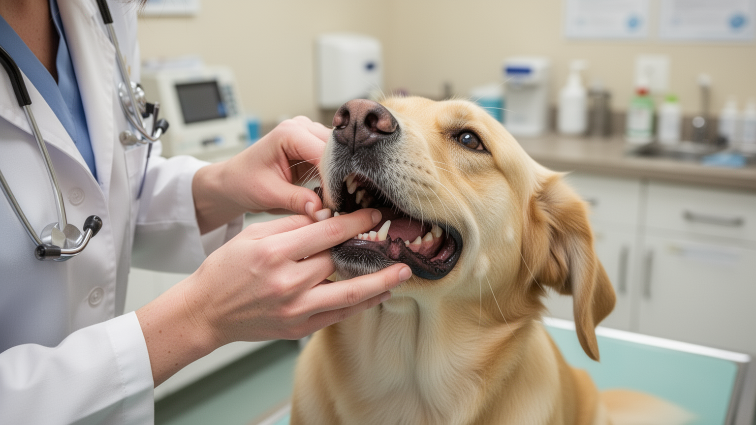 A veterinarian's hands gently examining a dog's teeth during a routine dental check.