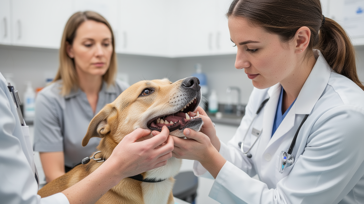 A veterinarian examining a dog's mouth and teeth during a routine wellness checkup