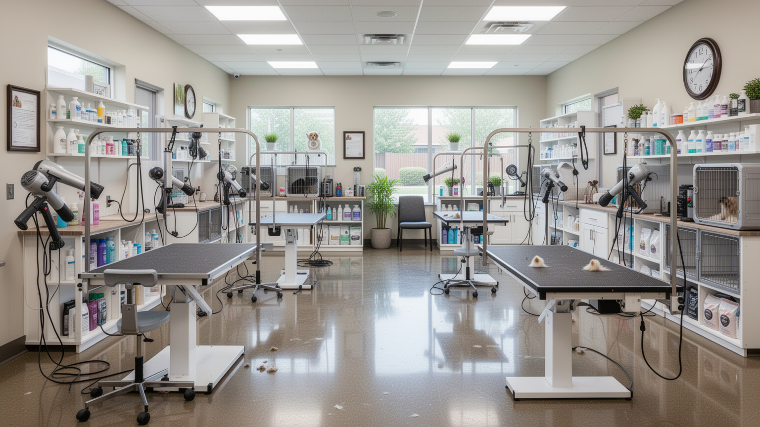 Interior view of a professional pet grooming salon with clean grooming stations and organized equipment