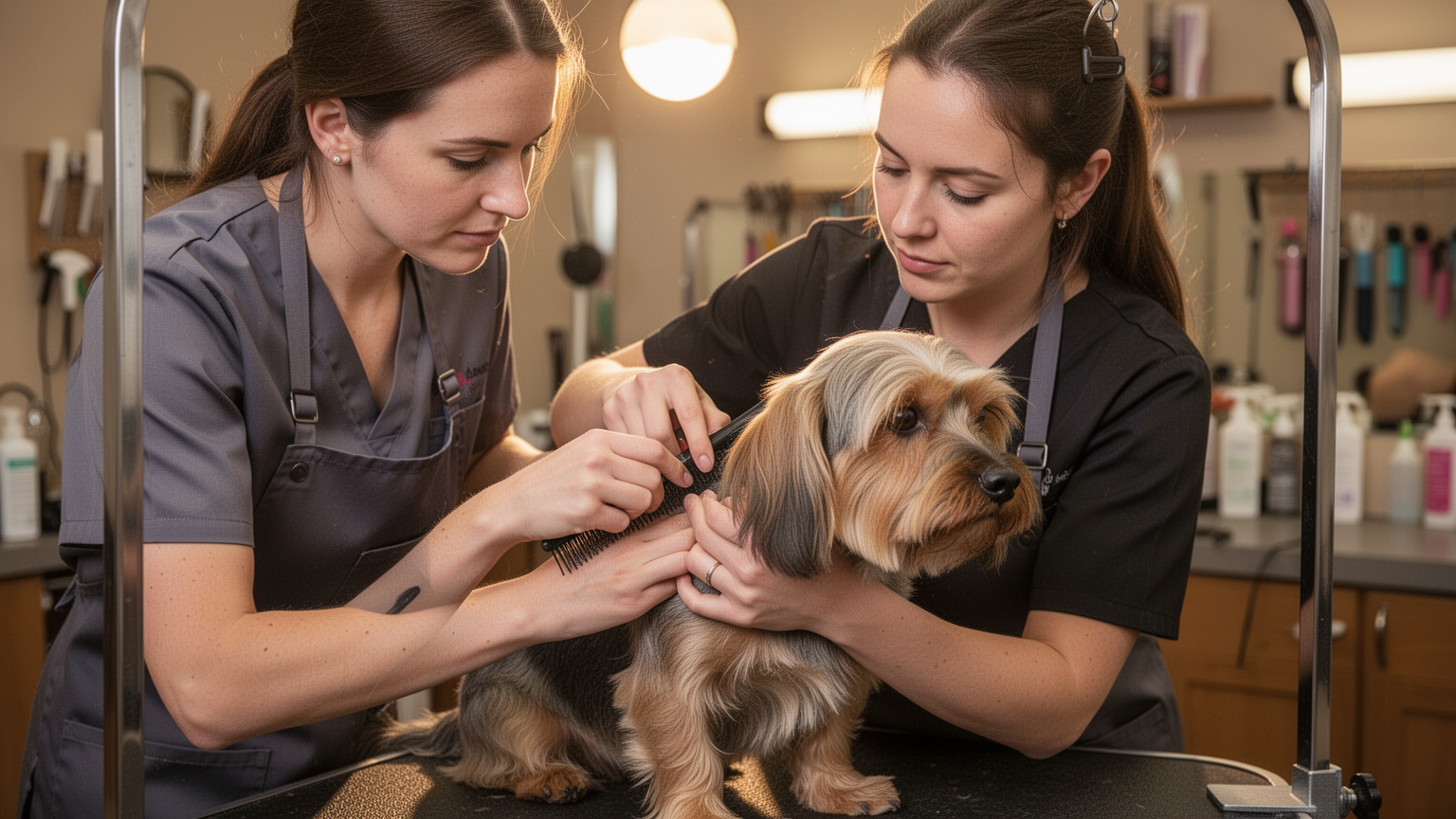 Professional groomer gently handling and grooming a dog with attentive care