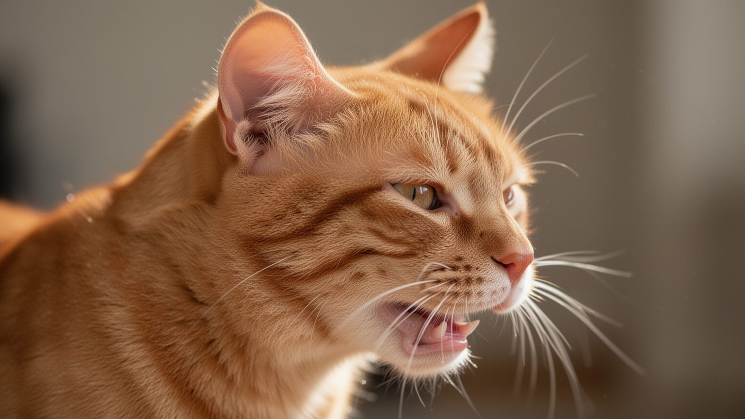 Orange cat's head in profile with mouth slightly open, ears forward, showing labored breathing posture