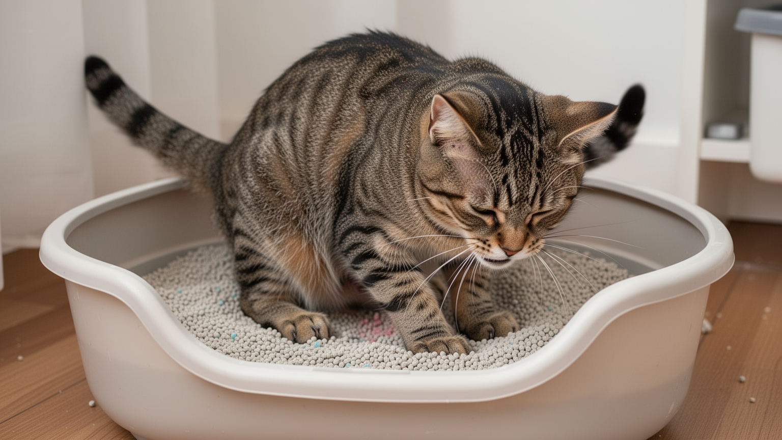 Tabby cat in litter box showing posture of discomfort and straining