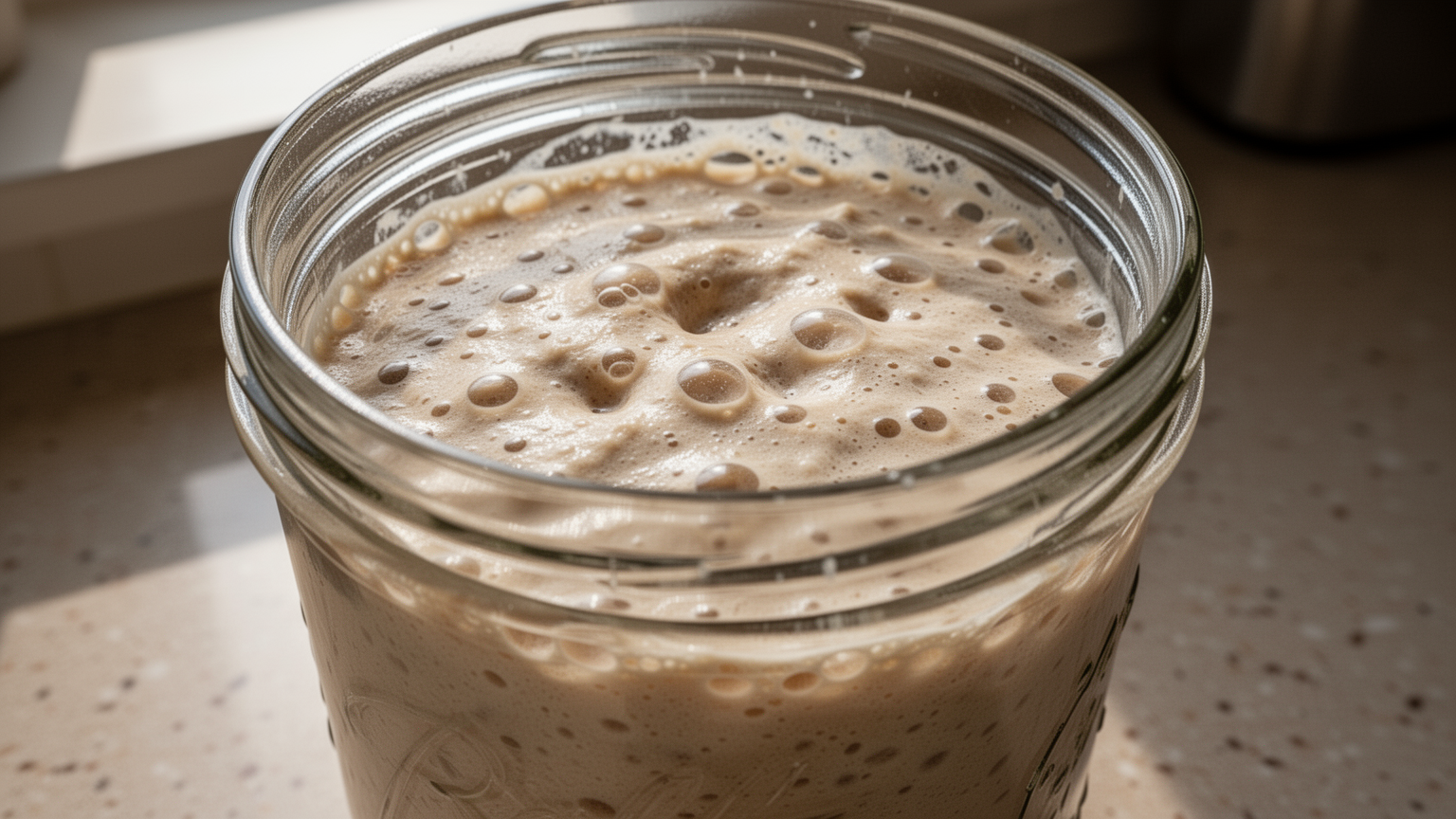 Glass jar of bubbly sourdough starter with fermentation bubbles visible in tan-colored dough