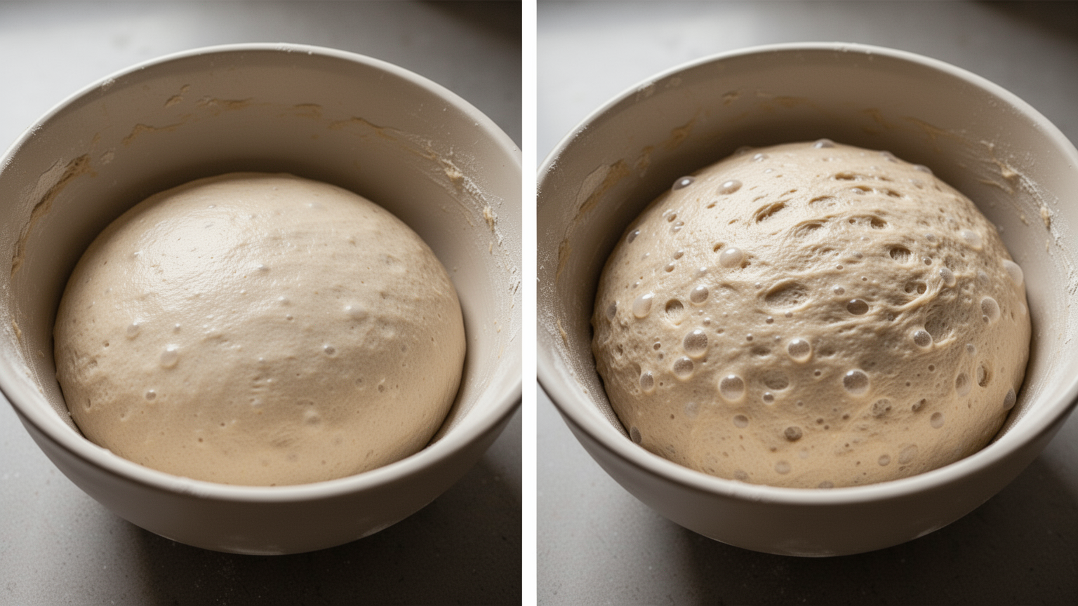 Two side-by-side photos of dough in bowl: left showing initial state, right showing 50% volume increase after fermentation