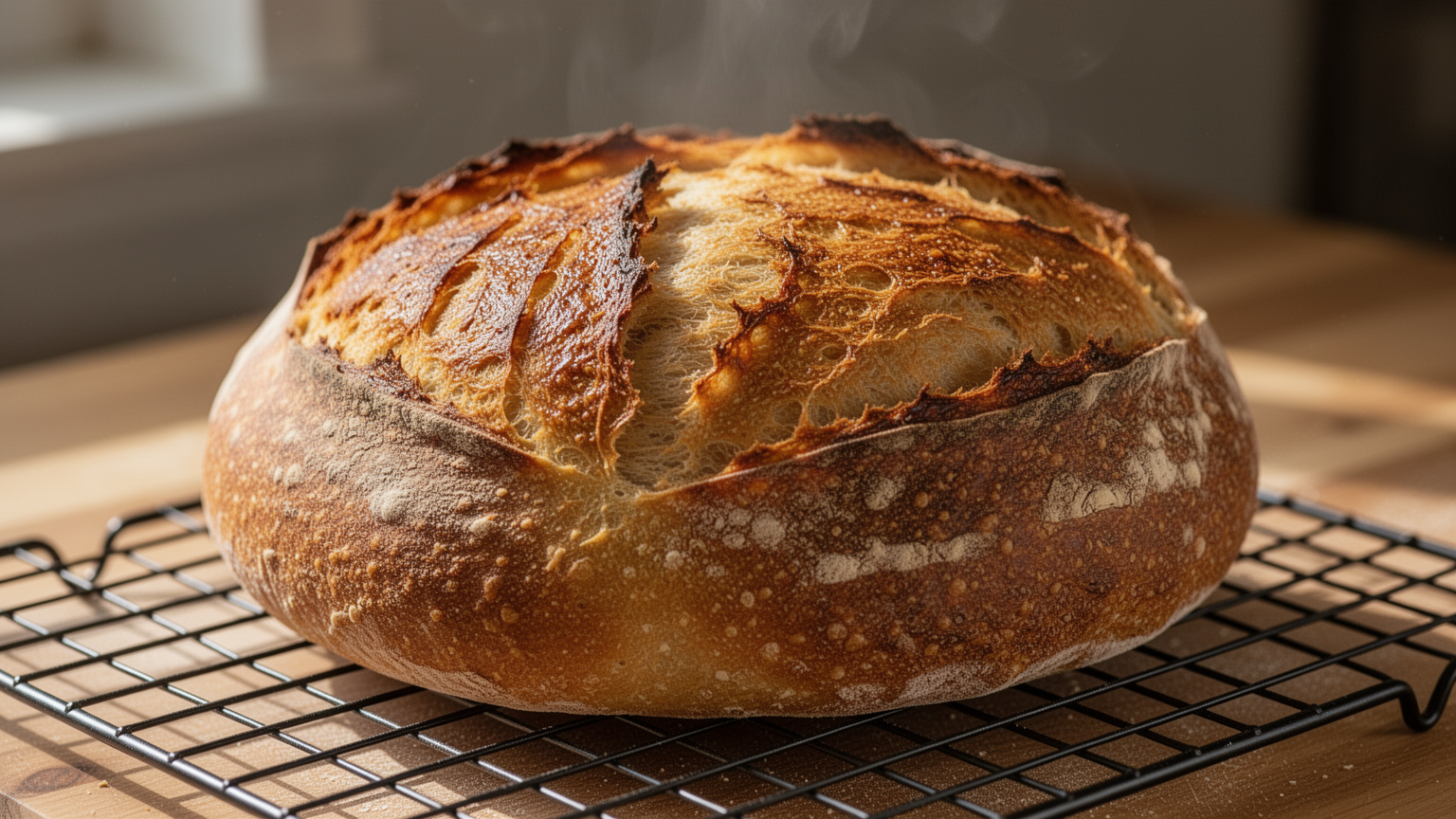 Fully baked sourdough loaf with dark golden-brown caramelized crust on cooling rack