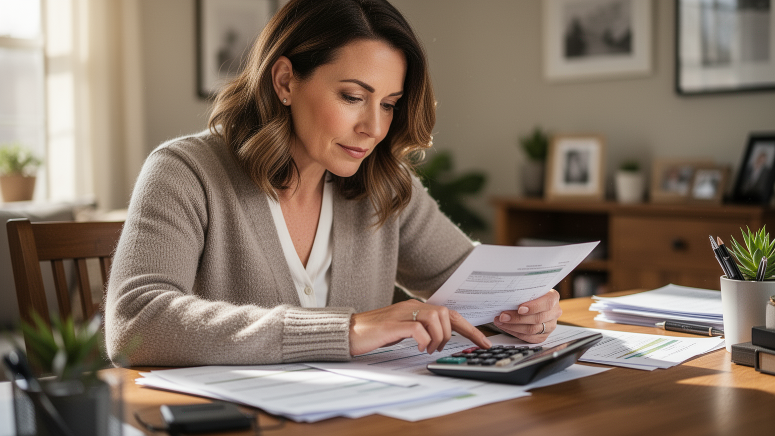 Pet owner reviewing financial documents or using a calculator while making insurance decisions