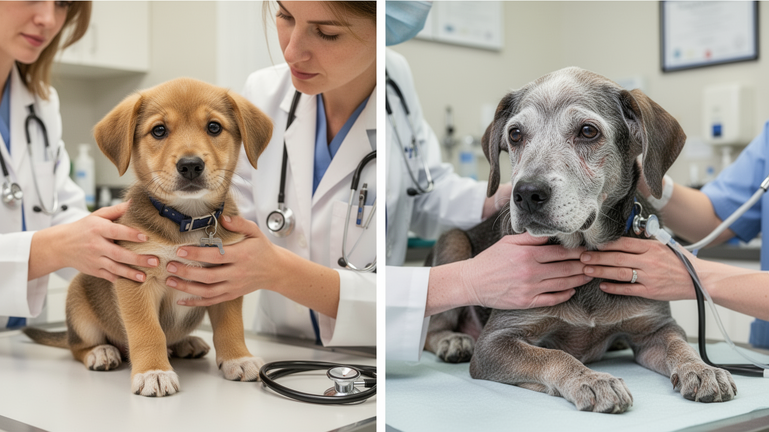 Grid comparison: left shows young healthy pet at vet checkup; right shows older pet receiving veterinary care