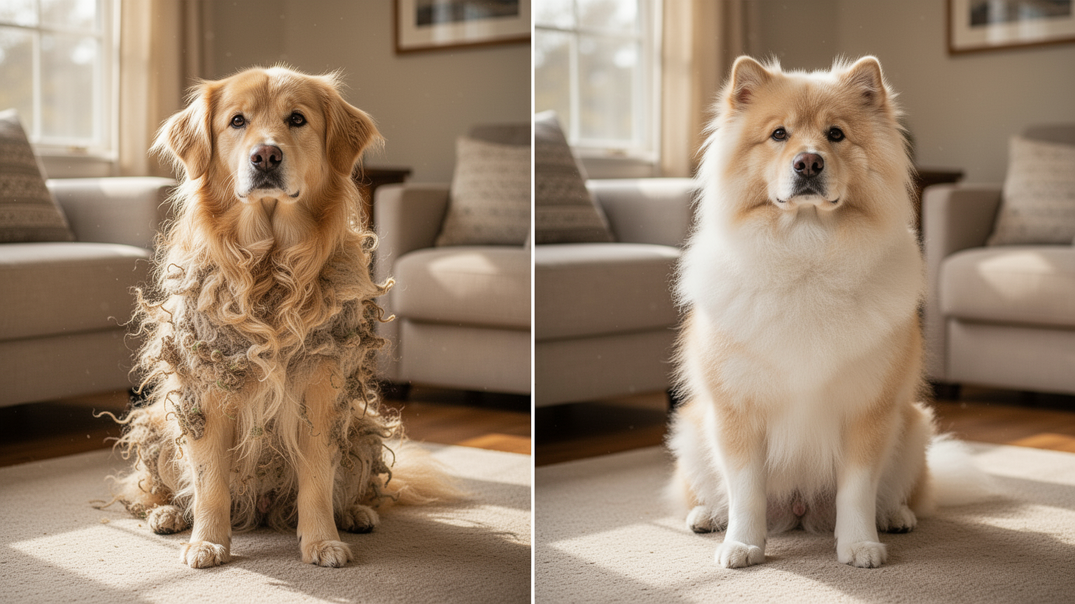 Side-by-side comparison of a matted dog with clumped, tangled fur and the same dog freshly groomed with fluffy, clean coat.