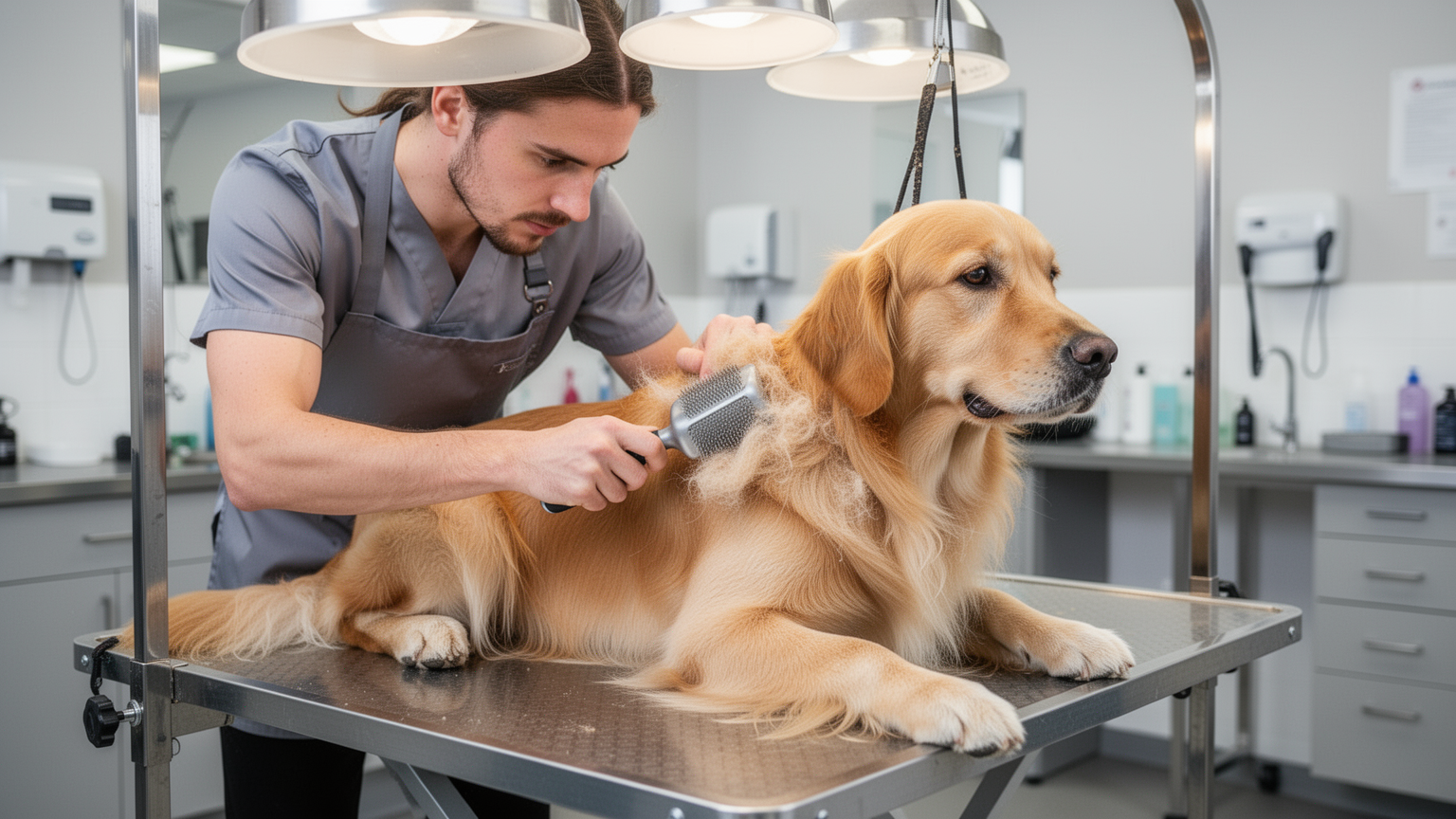 A professional dog groomer using a slicker brush to carefully de-mat a golden retriever at a grooming table in a bright salon setting.