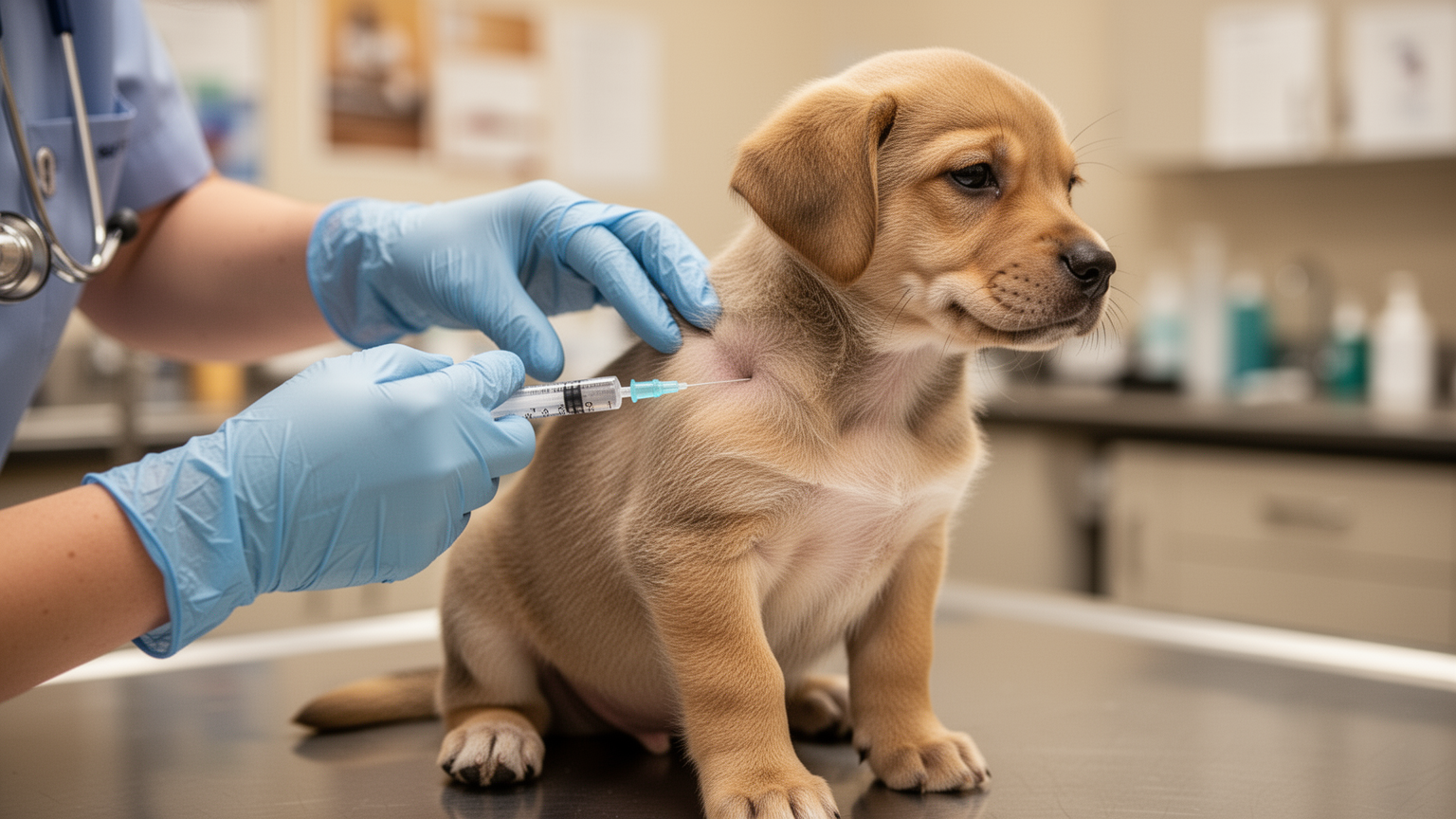 A veterinarian administering a vaccine injection to a calm puppy during a routine vaccination appointment.