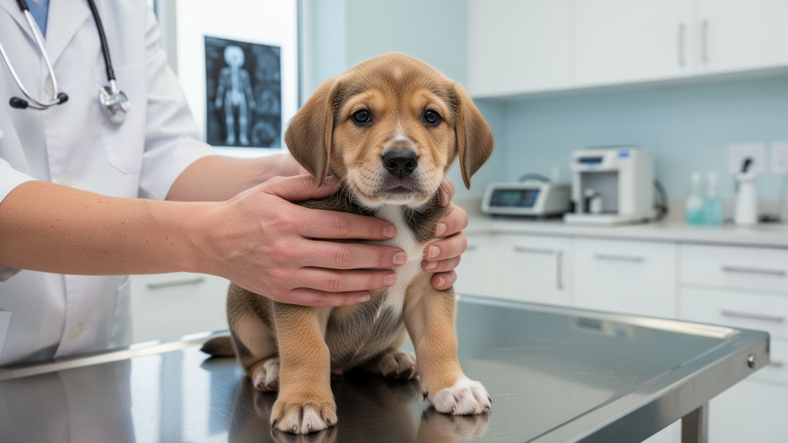 A veterinarian's hands providing a physical examination to a young puppy in a clean, professional clinic environment.
