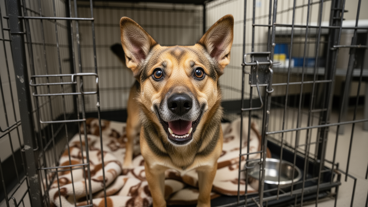 A dog in a kennel showing panting and alert body language indicating anxiety.