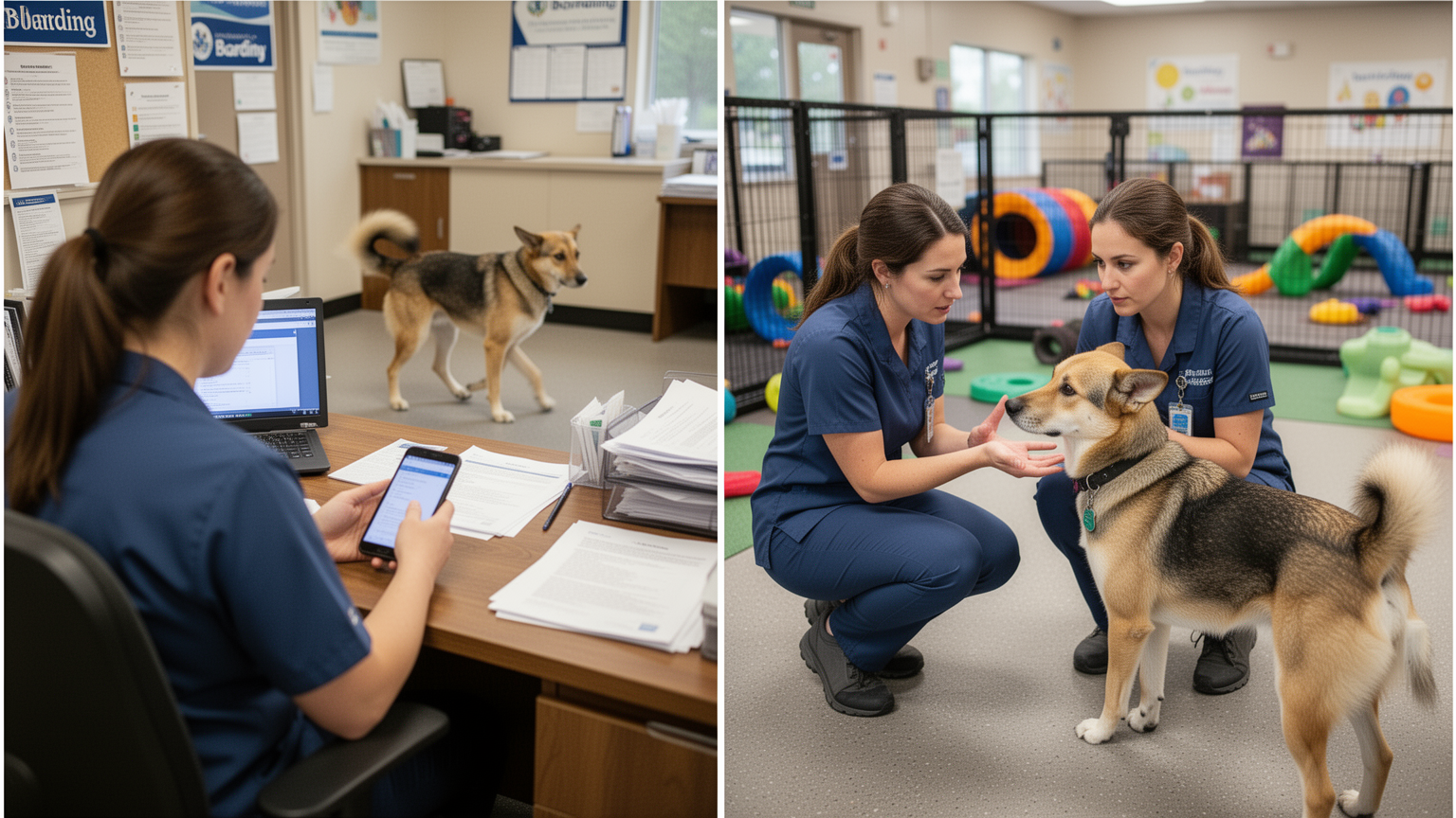Comparison of two facility staff interactions: one ignoring a stressed dog, one carefully observing a dog's behavior.