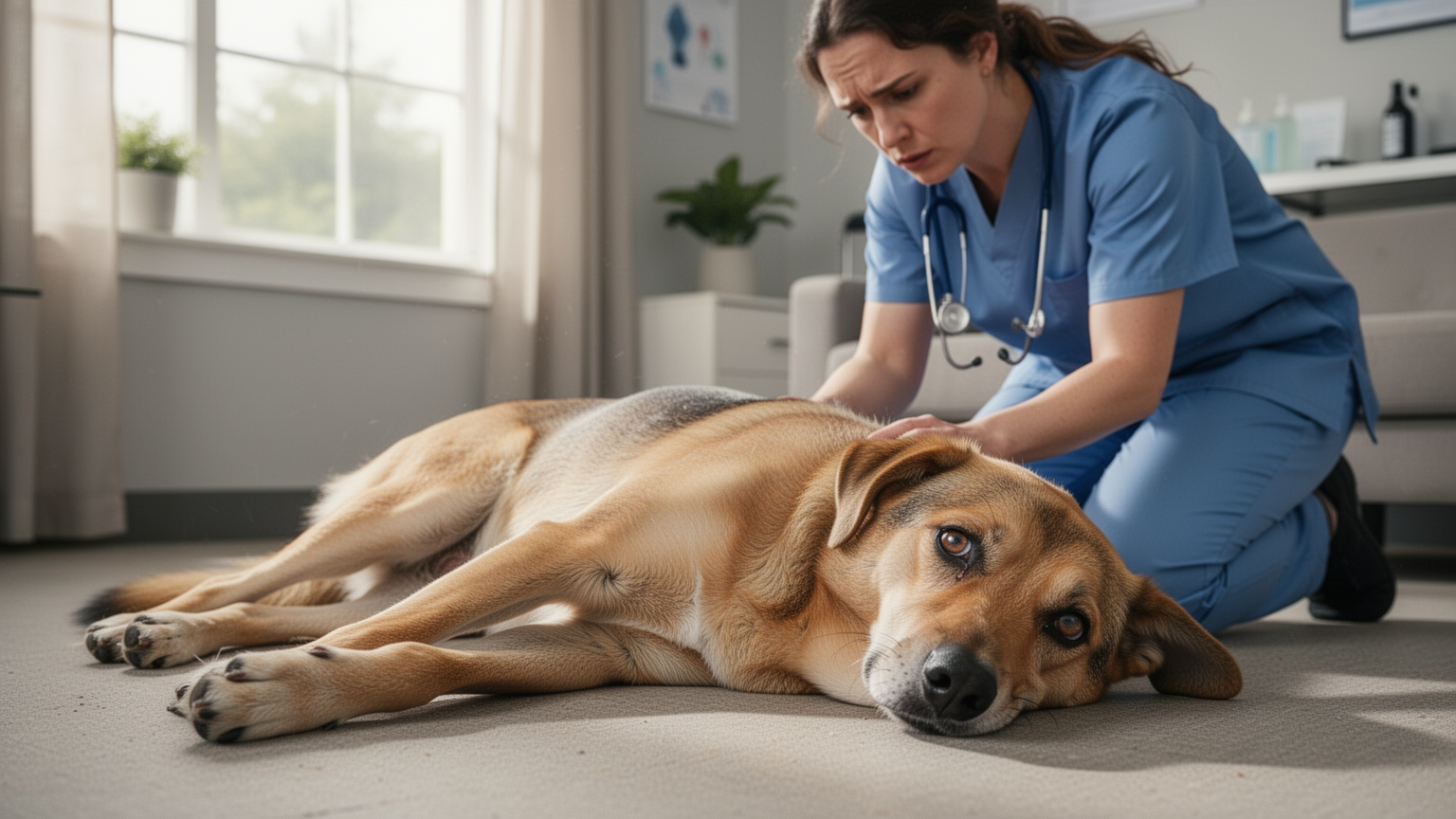 Dog lying immobile on the ground unable to stand, with a handler kneeling nearby in concern.