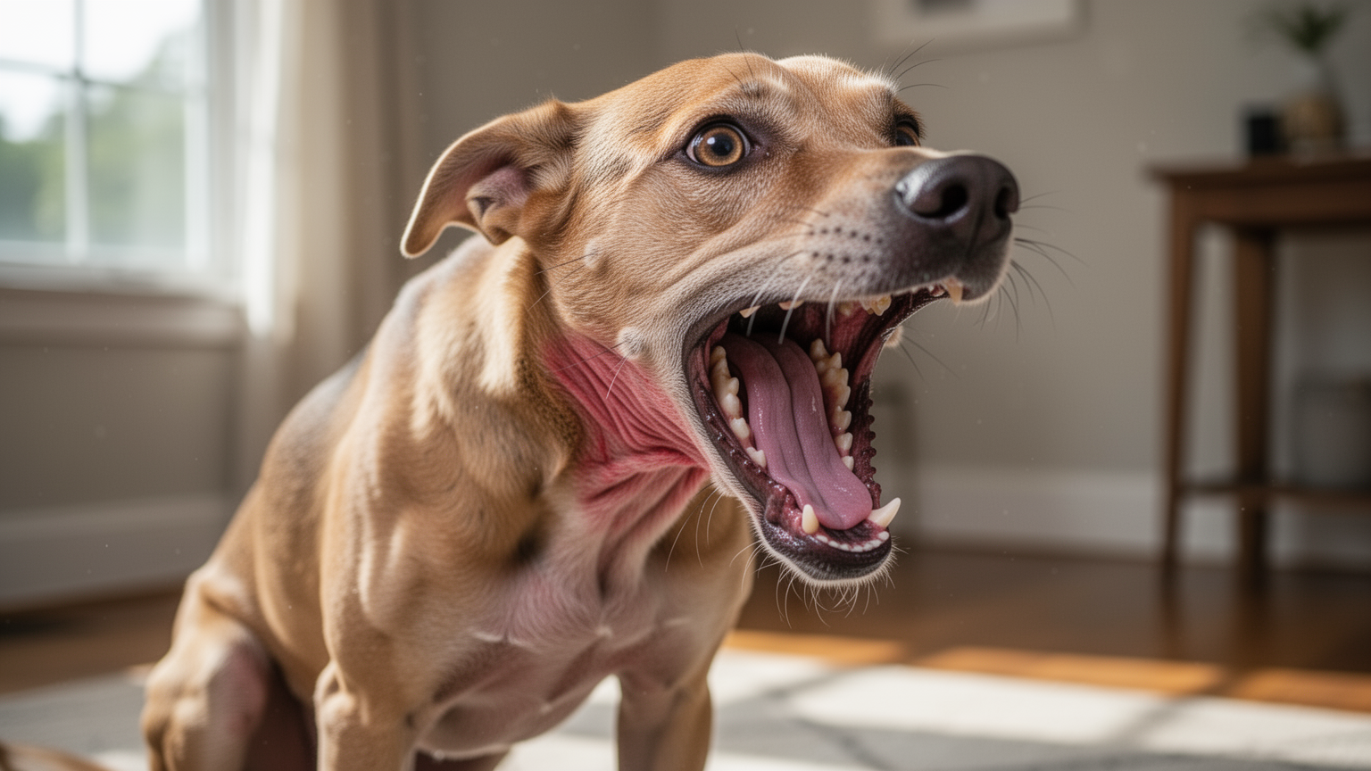 Dog with mouth wide open showing signs of respiratory distress and breathing difficulty.