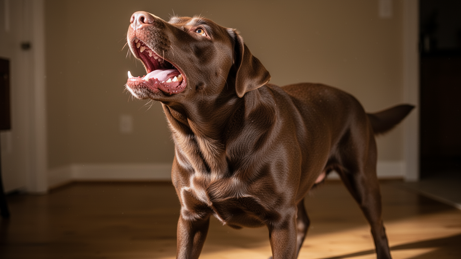 Dog with neck extended and mouth wide open showing visible signs of labored breathing and respiratory distress
