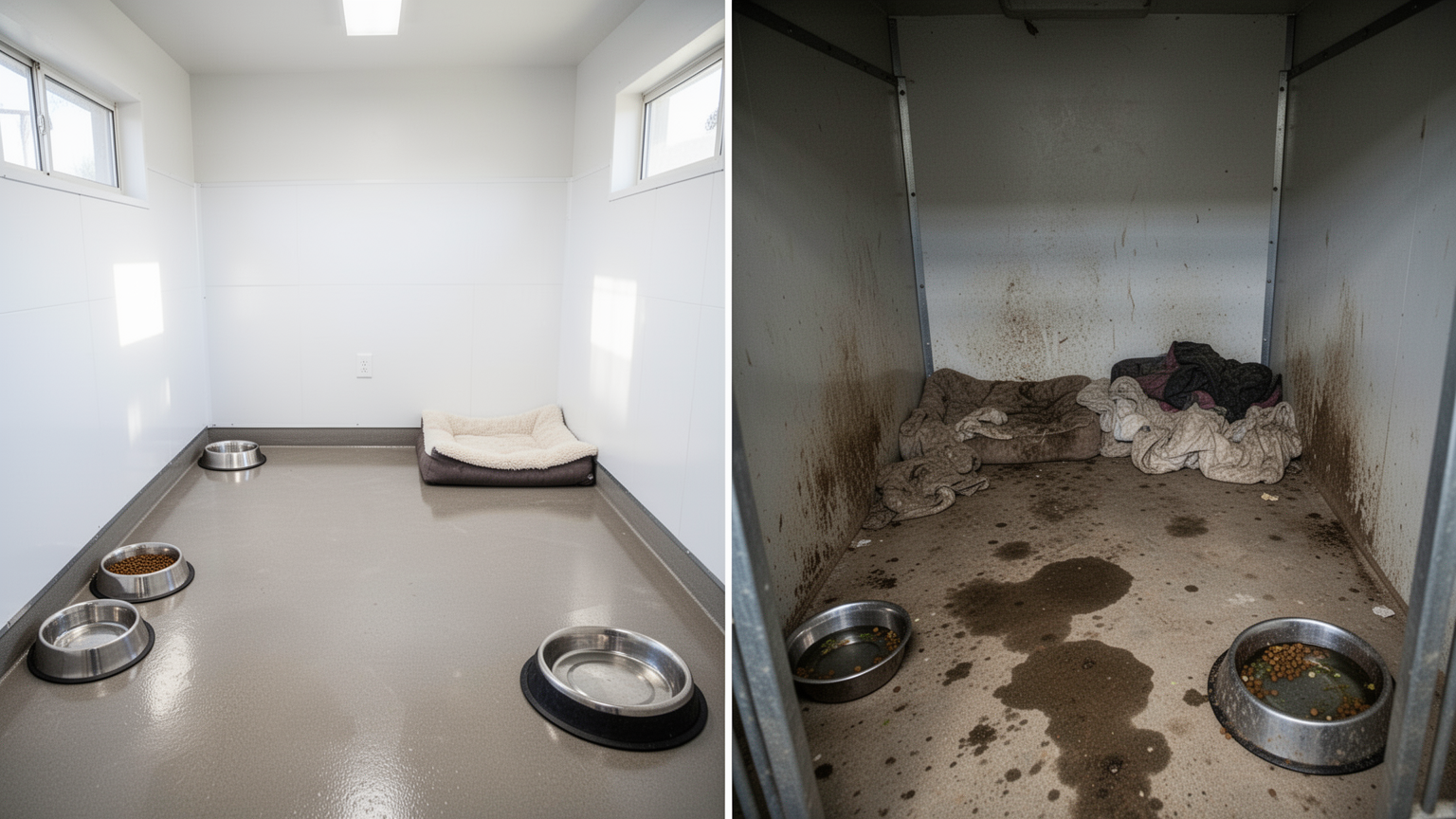 Comparison of a clean kennel area versus a dirty, poorly maintained one.