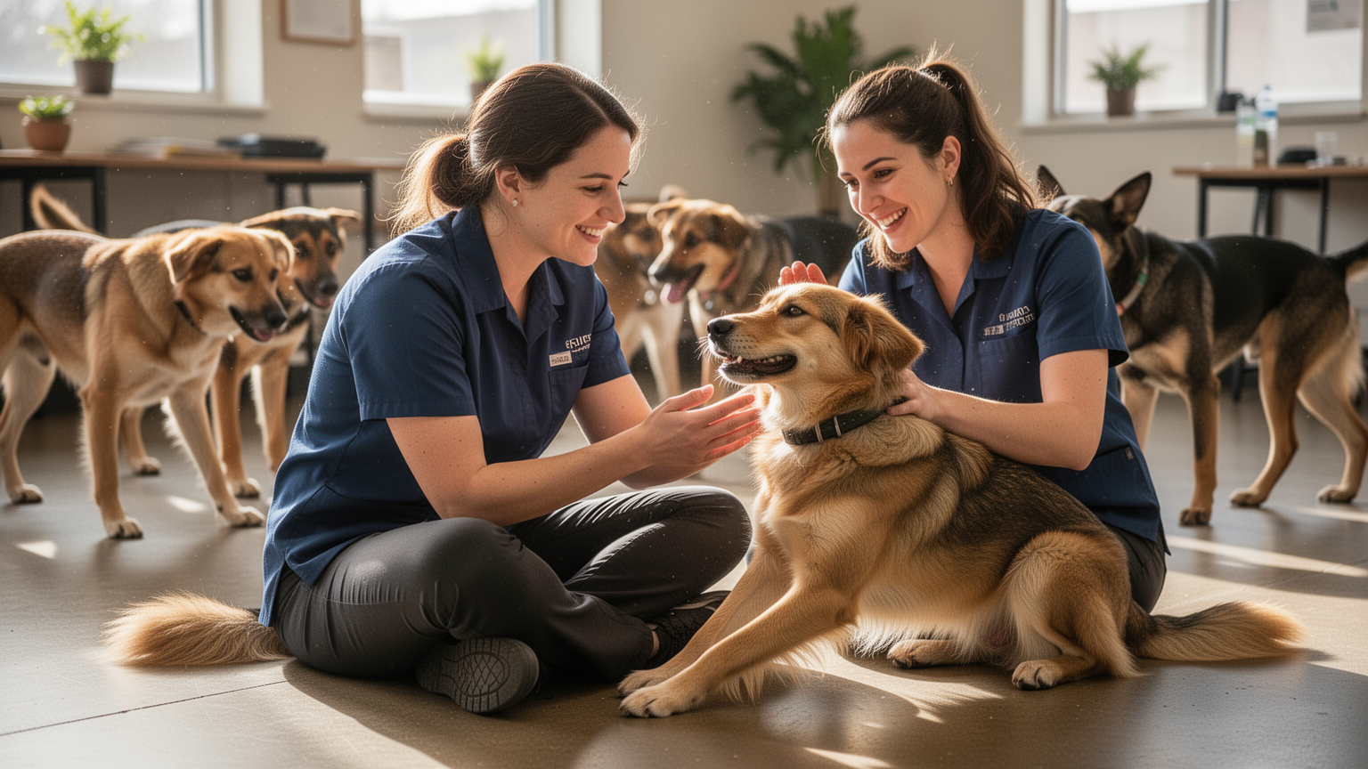 A caregiver actively playing with a dog in a group play area.