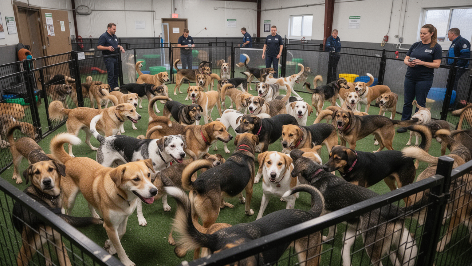 An overcrowded dog play area with insufficient supervision and space.