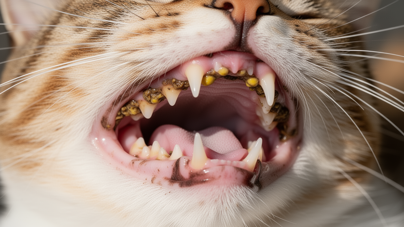 Cat's open mouth showing yellow tartar buildup and inflamed gums
