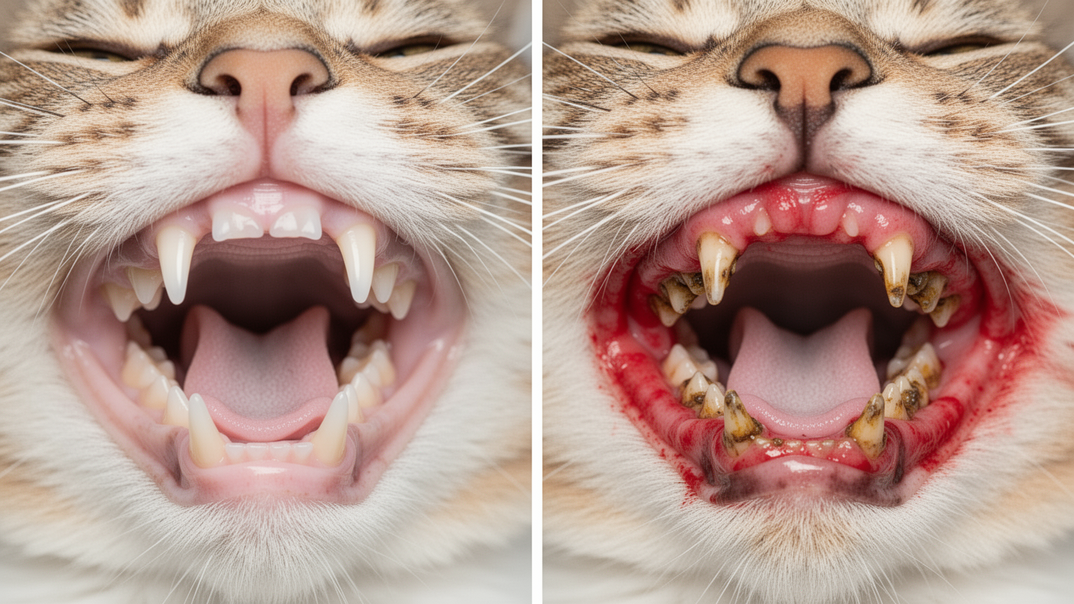 Side-by-side comparison of a healthy cat's mouth and a cat's mouth with dental disease