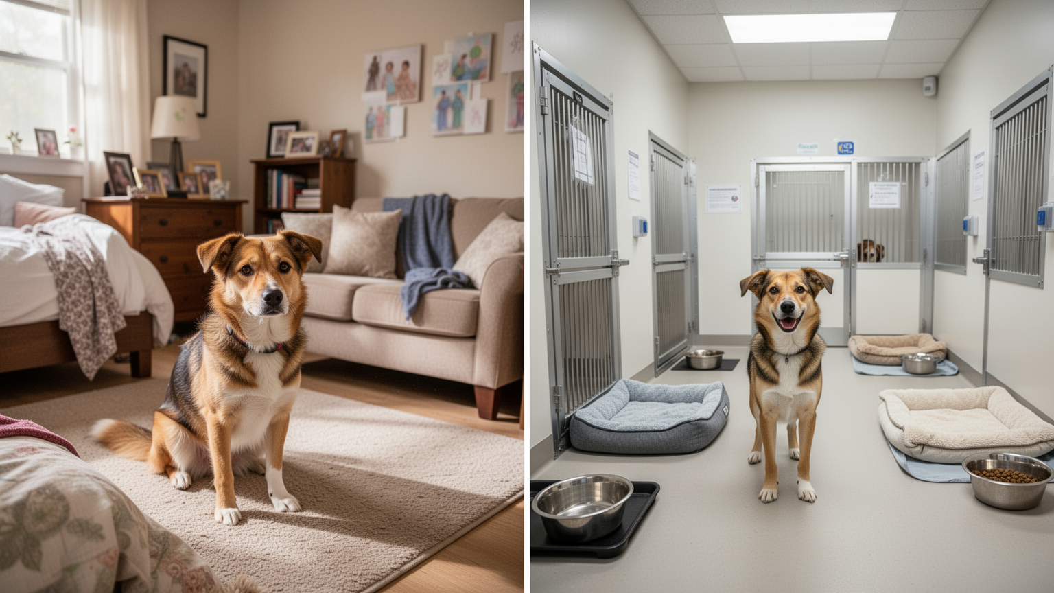 Left: pet in home environment; right: pet in facility boarding room
