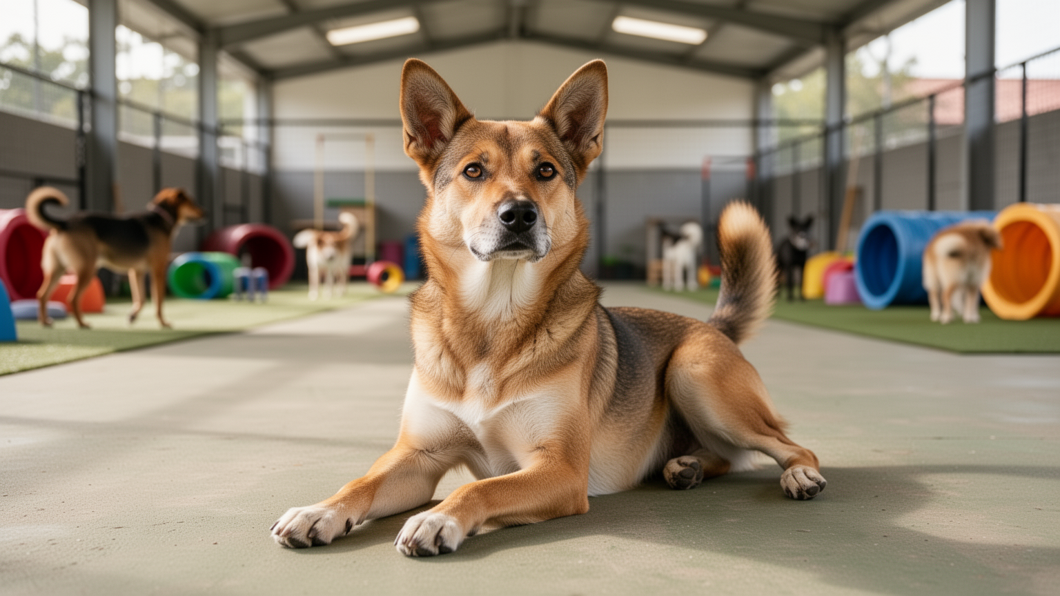 A confident, relaxed dog in a play space