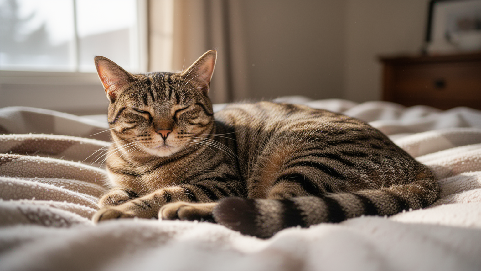 A calm, resting cat on a comfortable bed, showing a healthy post-recovery state.