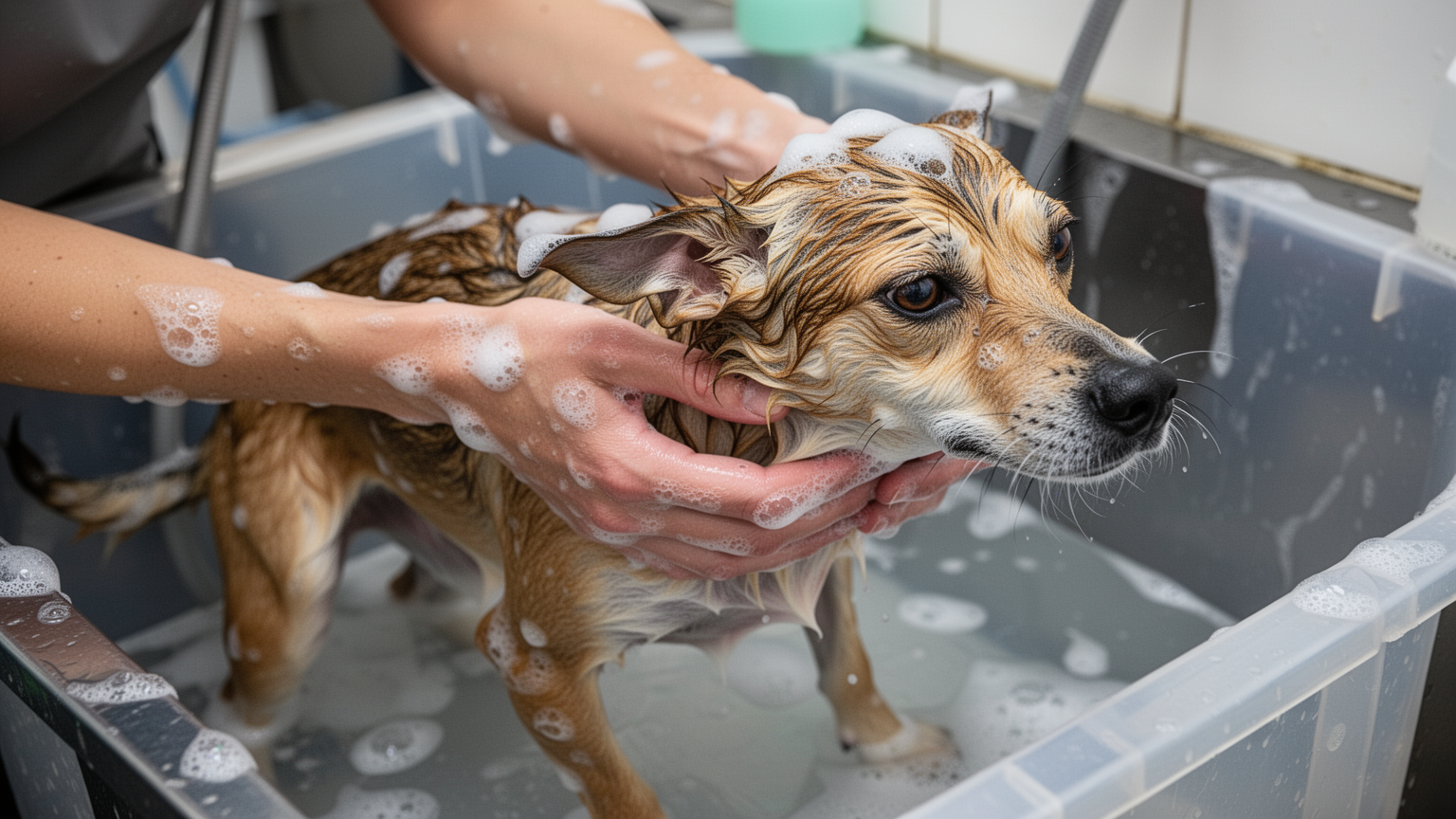 Groomer holding a tense dog's head and body during bathing, showing stress signals.