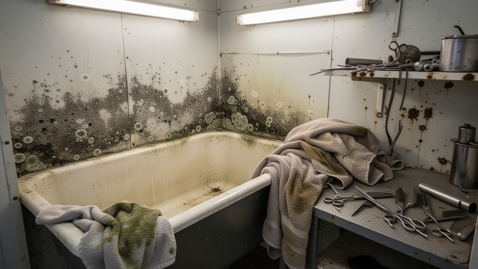 Discolored grooming tub with mold and mineral stains, worn towels, and rusty metal equipment.