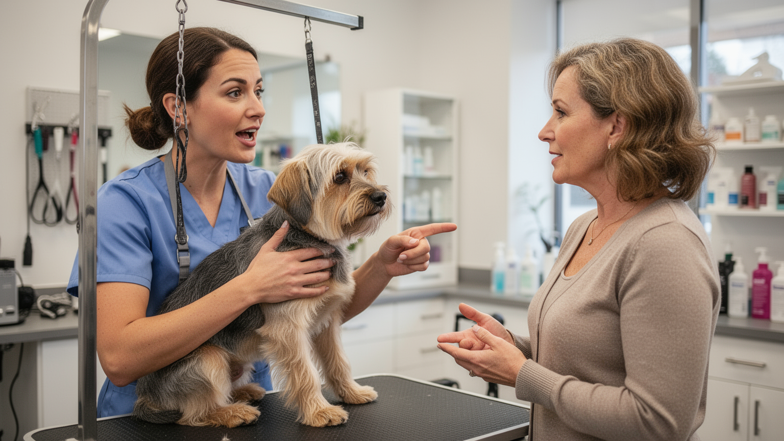 Groomer engaged in conversation with owner, gesturing toward freshly groomed dog while explaining care details.