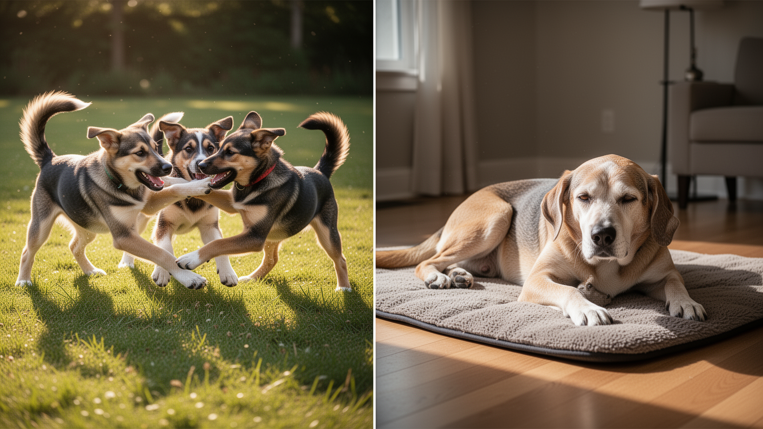 Left: young dogs playing energetically together outdoors. Right: senior dog resting peacefully indoors in a calm space.