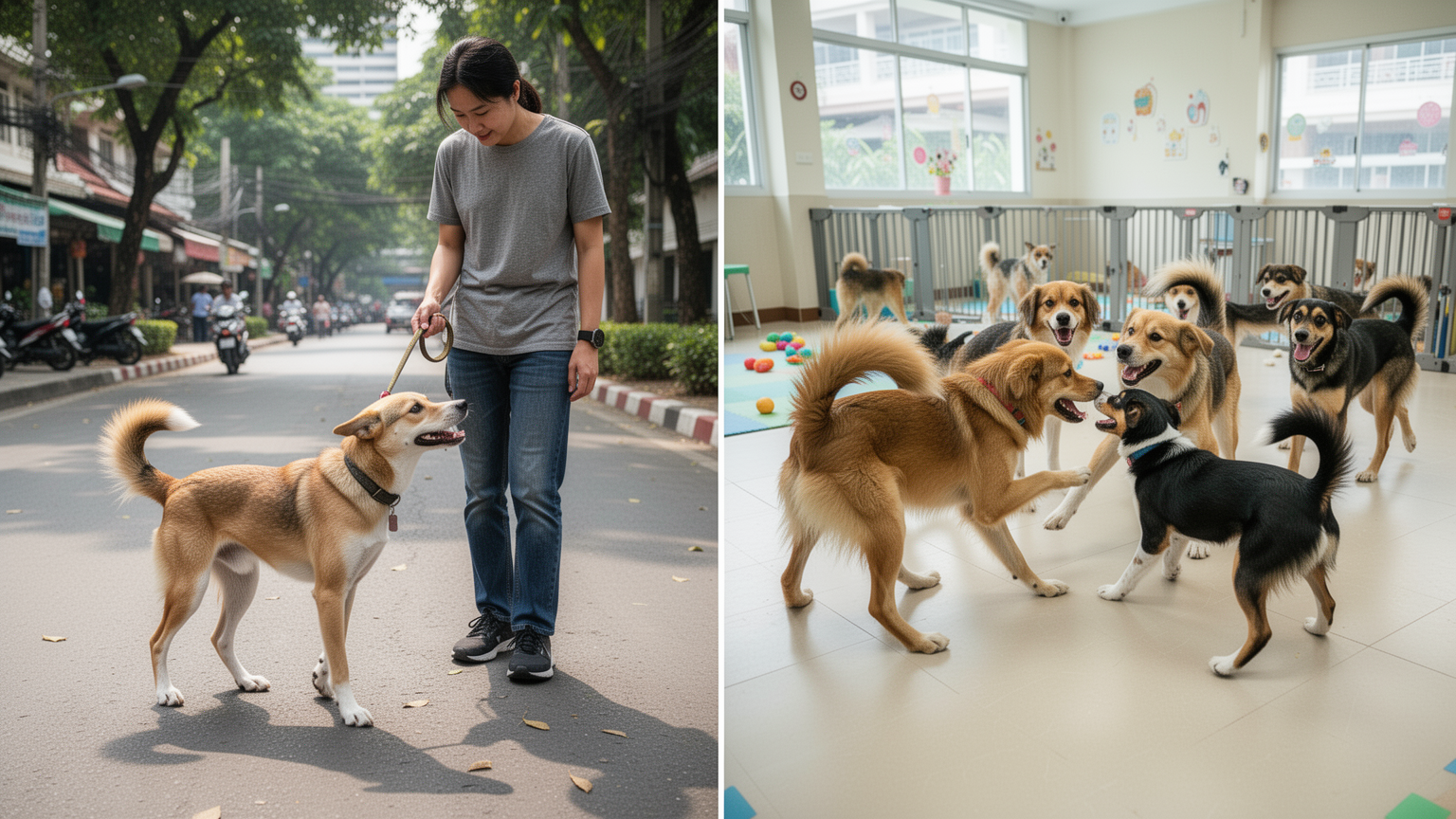 Left: a dog on leash with one walker outdoors. Right: the same dog playing with multiple dogs indoors.